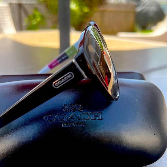 Black Coach sunglasses with multi colored stripes on inner temples - Picture 3 of 5